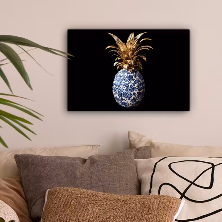 Ananas - Bloemen patroon - Goud - Delftsblauw canvas 2cm klein -sfeer1
