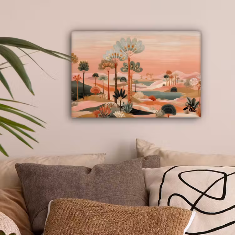 Roze landschap - Palmen - Water canvas 2cm klein -sfeer1