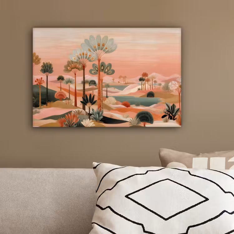 Roze landschap - Palmen - Water canvas 2cm klein -sfeer3