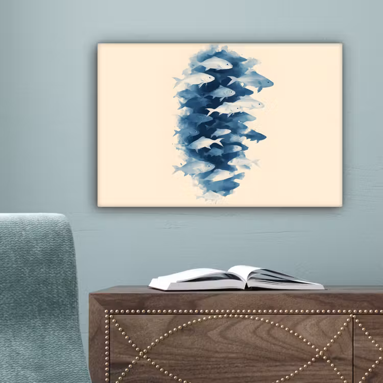 Vissen - Minimalistisch - Blauw canvas 2cm klein -sfeer4