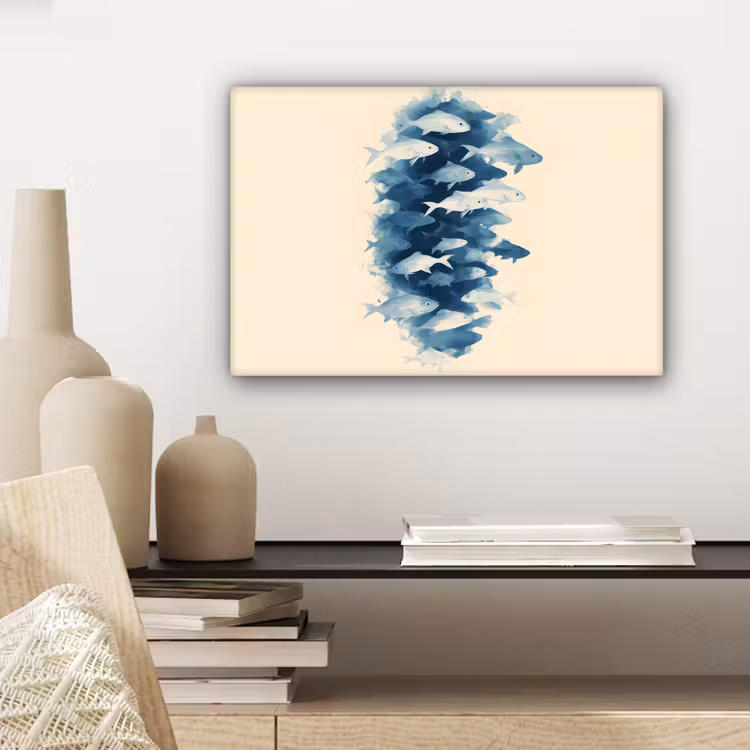 Vissen - Minimalistisch - Blauw canvas 2cm klein -sfeer6
