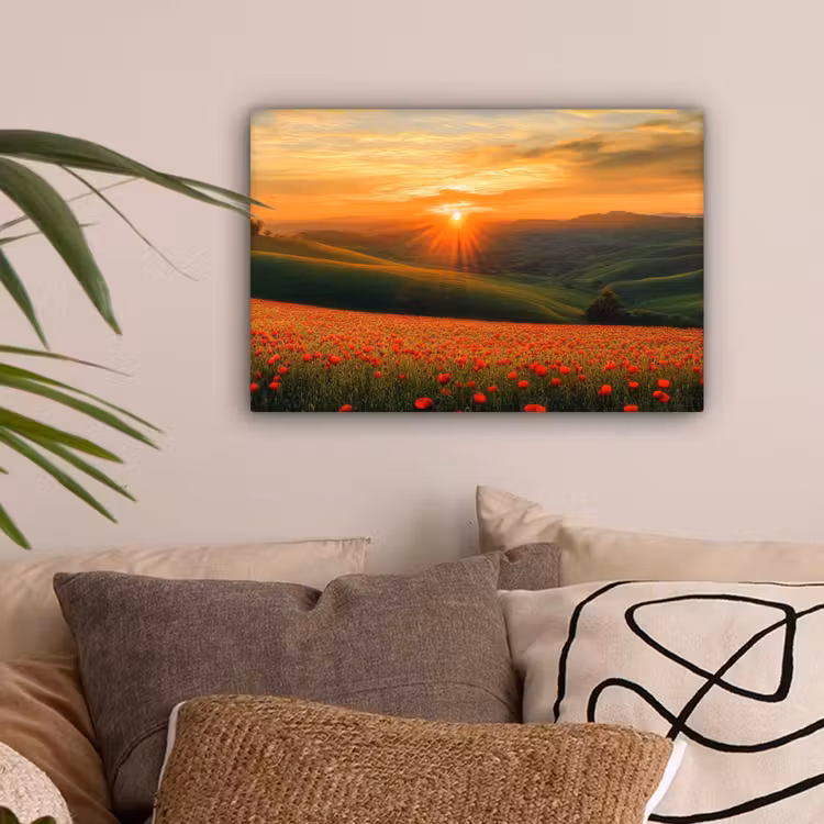 Klaprozen - Bloemen - Heuvels - Zonsondergang canvas 2cm klein -sfeer1