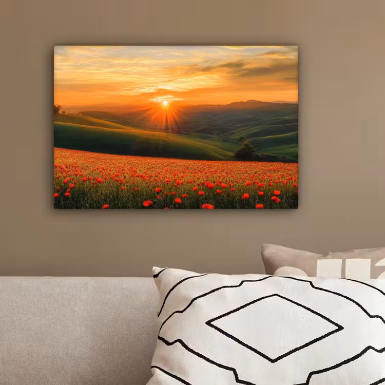 Klaprozen - Bloemen - Heuvels - Zonsondergang canvas 2cm klein -sfeer3