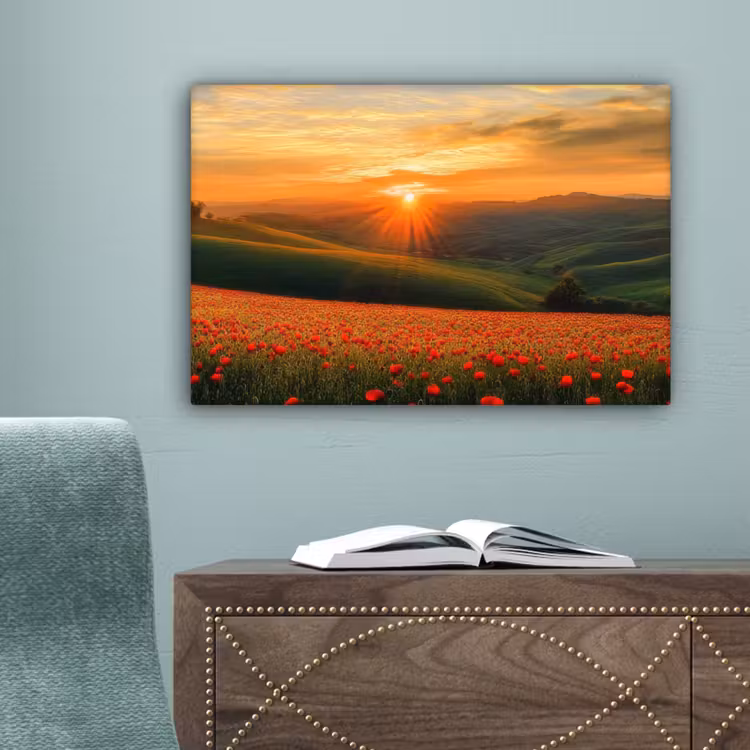 Klaprozen - Bloemen - Heuvels - Zonsondergang canvas 2cm klein -sfeer4
