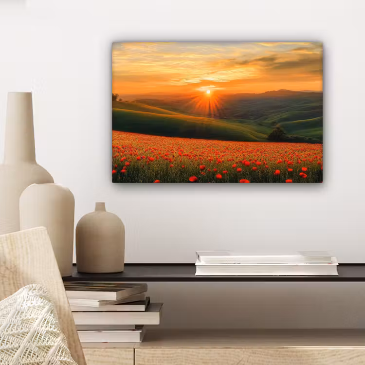 Klaprozen - Bloemen - Heuvels - Zonsondergang canvas 2cm klein -sfeer6