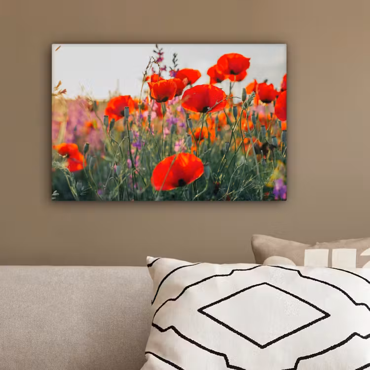 Klaproos - Bloemen - Rood - Paars - Weide canvas 2cm klein -sfeer3
