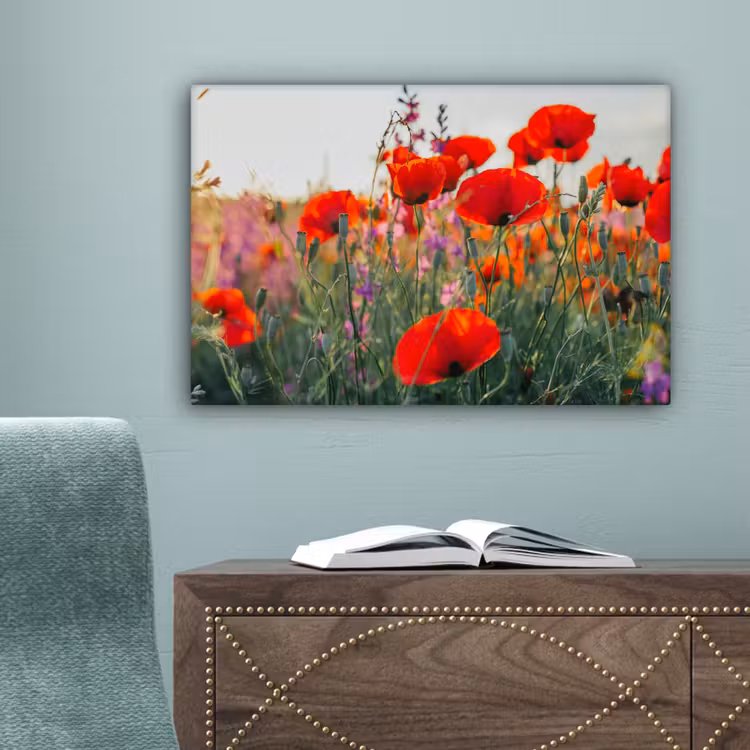 Klaproos - Bloemen - Rood - Paars - Weide canvas 2cm klein -sfeer4