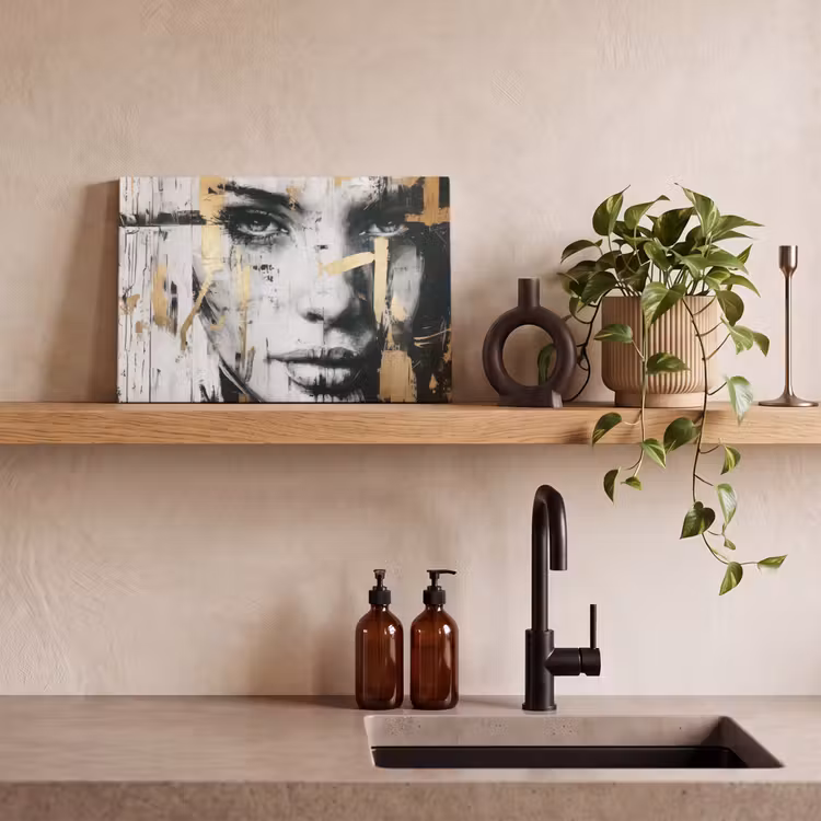 Portret - Vrouw - Penseelstreken - Goud canvas 2cm klein -sfeer3