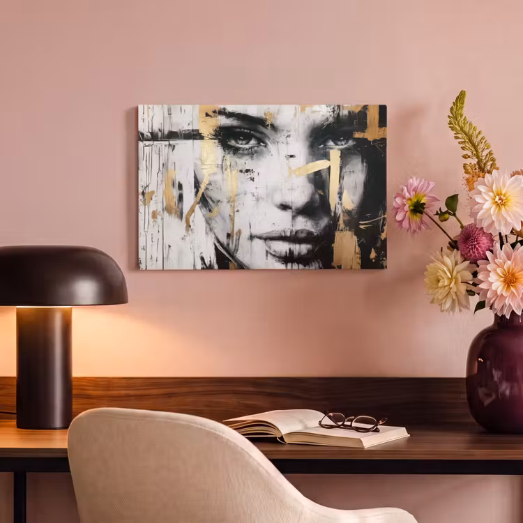 Portret - Vrouw - Penseelstreken - Goud canvas 2cm klein -sfeer4