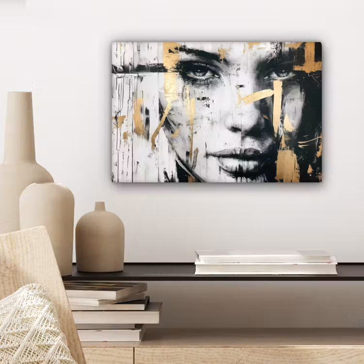 Portret - Vrouw - Penseelstreken - Goud canvas 2cm klein -sfeer6