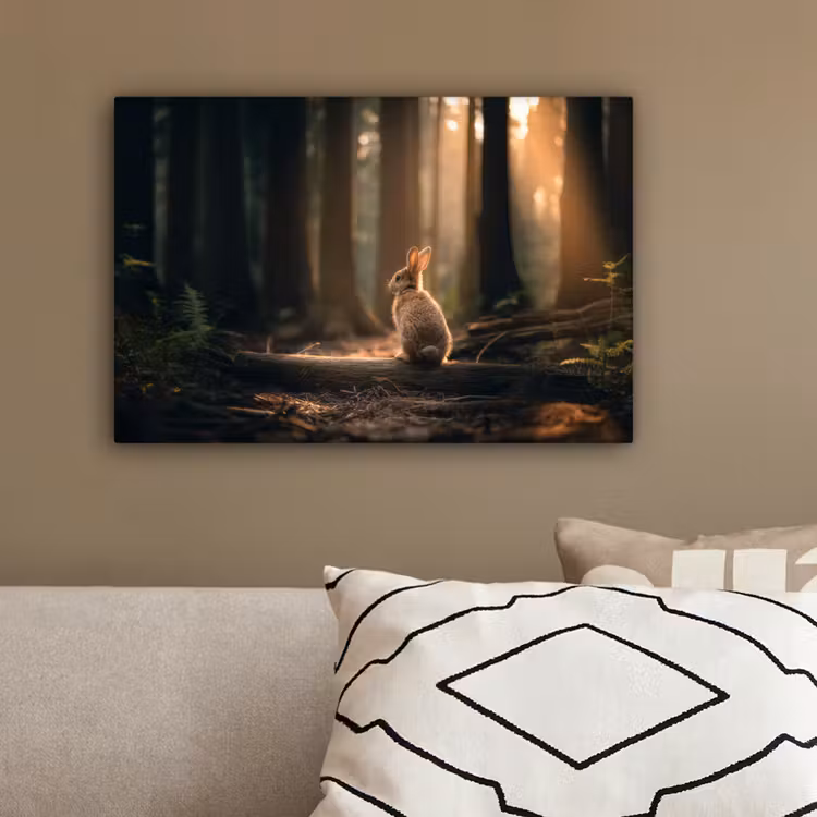 Konijn - Bos - Zonnestralen canvas 2cm klein -sfeer3