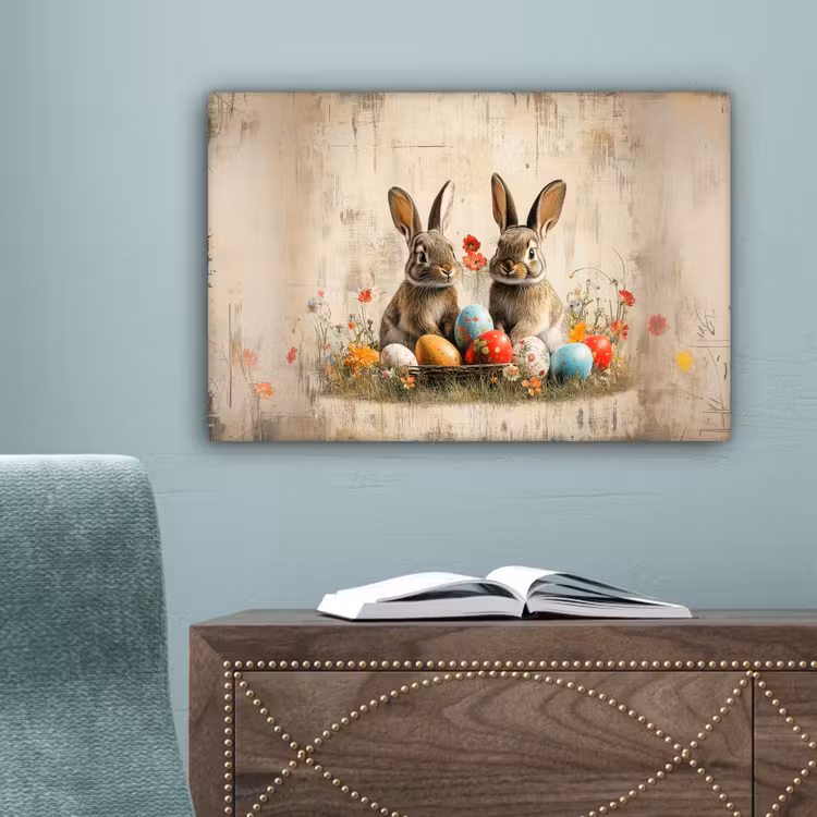 Konijnen - Bloemen - Eieren canvas 2cm klein -sfeer4