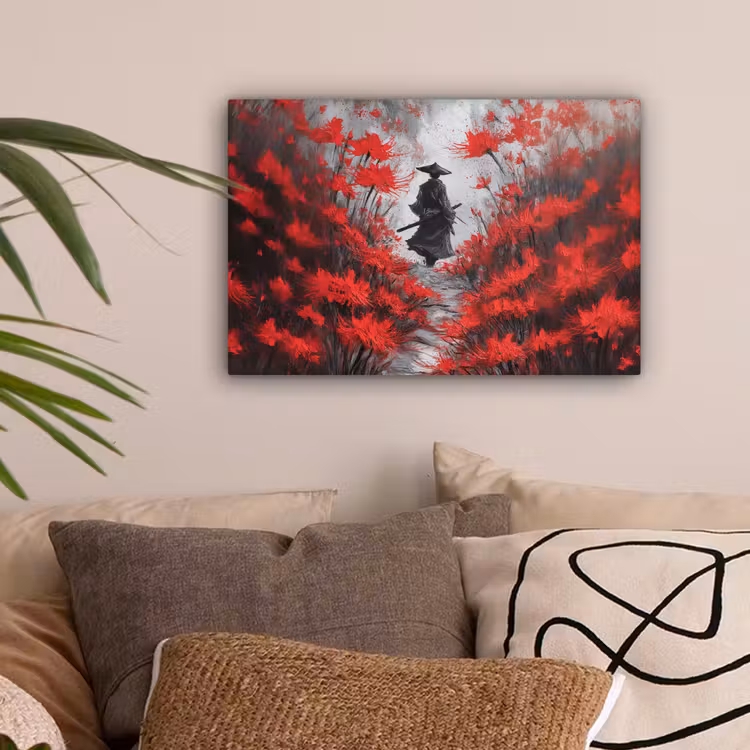 Rode bloemen - mistig - Man canvas 2cm klein -sfeer1