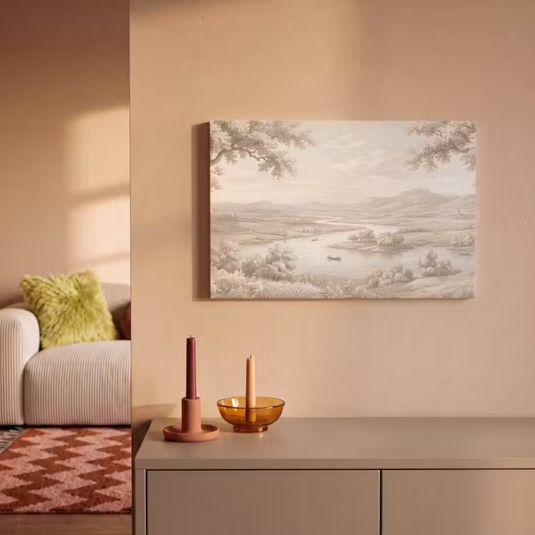Rivierlandschap - Bergen - Natuur - Vintage - Beige canvas 2cm klein -sfeer1