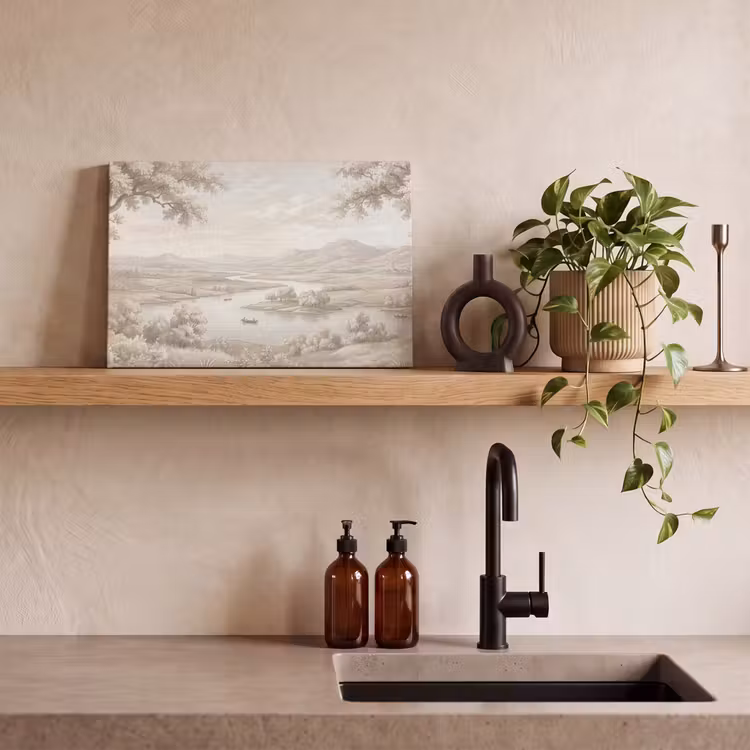 Rivierlandschap - Bergen - Natuur - Vintage - Beige canvas 2cm klein -sfeer3
