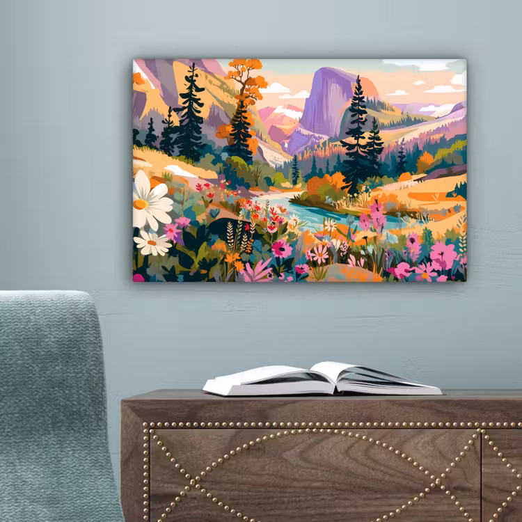 Rivier - Vallei vol bloemen - Levendig canvas 2cm klein -sfeer4