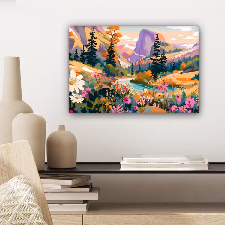 Rivier - Vallei vol bloemen - Levendig canvas 2cm klein -sfeer6