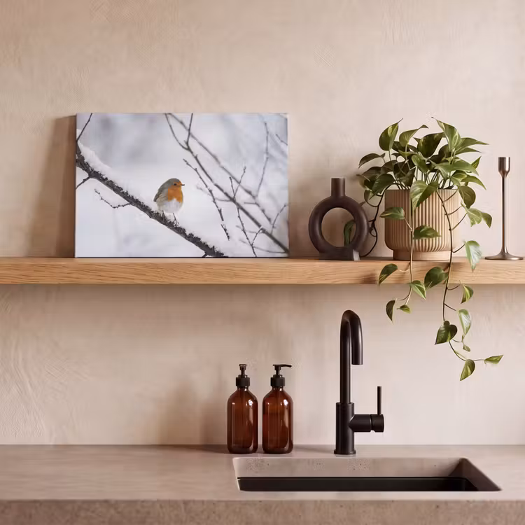 Roodborstje - Tak - Sneeuw - Winter - Levendig canvas 2cm klein -sfeer3