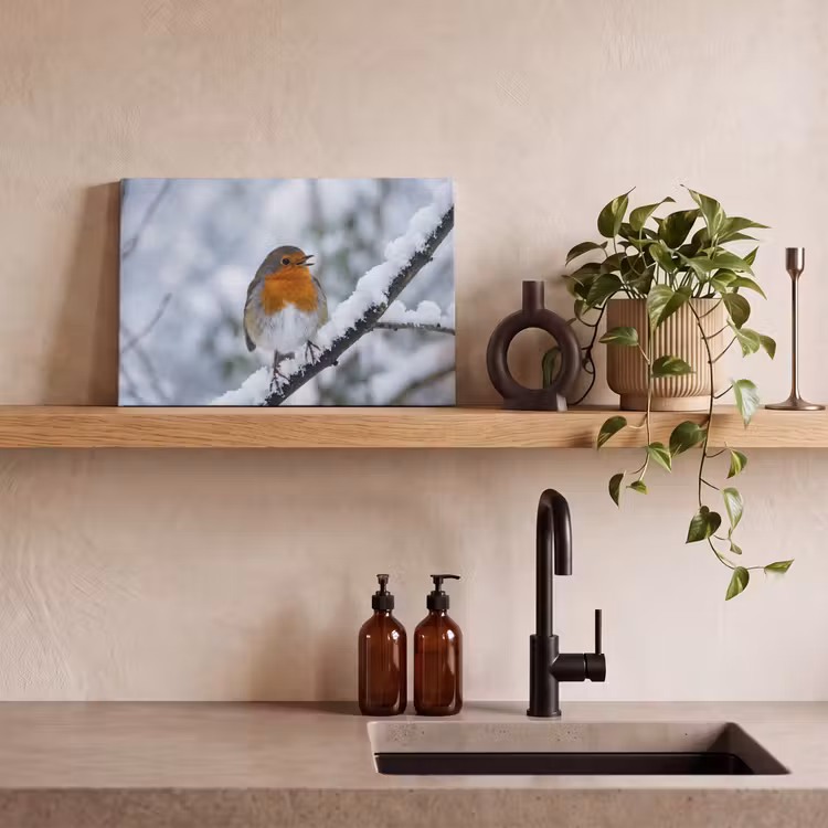 Roodborstje - Tak - Sneeuw - Winter - Levendig canvas 2cm klein -sfeer3