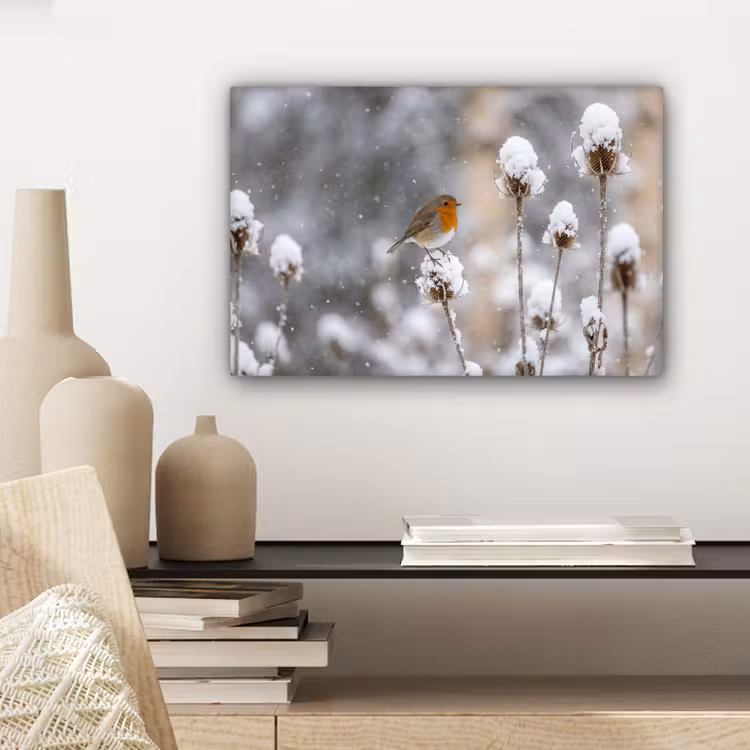 Roodborstje - Gedroogde bloem - Sneeuw - Winter - Vertederend canvas 2cm klein -sfeer6