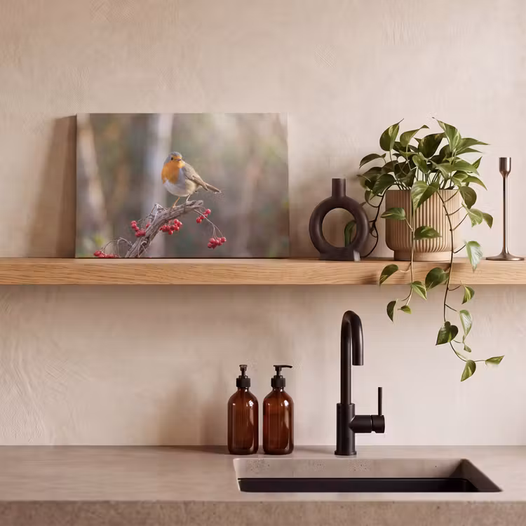 Roodborst - Tak - Bessen - Natuur canvas 2cm klein -sfeer3