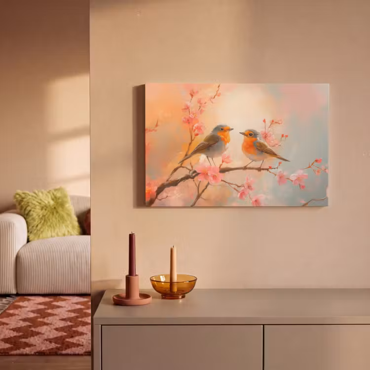 Roodborstjes - Sierlijk - Bloesemtak canvas 2cm klein -sfeer1