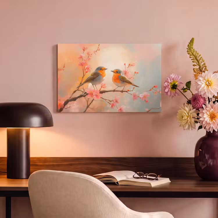 Roodborstjes - Sierlijk - Bloesemtak canvas 2cm klein -sfeer4