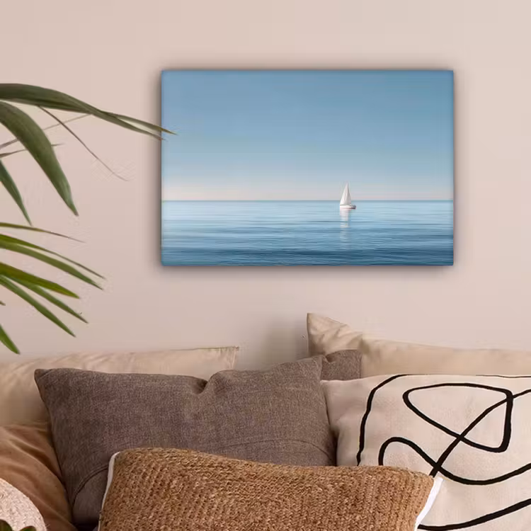 Zeilbootje - Kalme zee - Helderblauwe hemel canvas 2cm klein -sfeer1