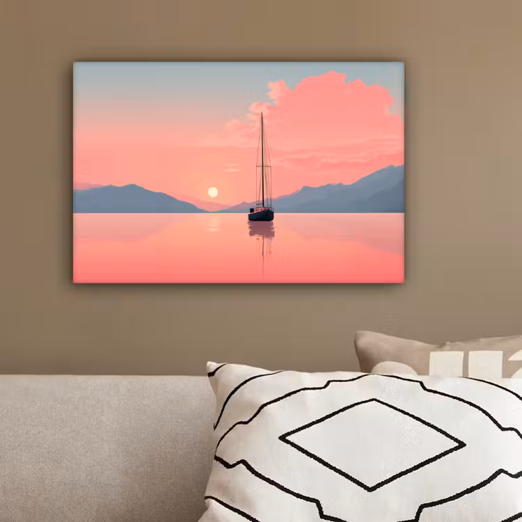 Zeilboot - Roze zee - Zonsondergang - Bergen canvas 2cm klein -sfeer3