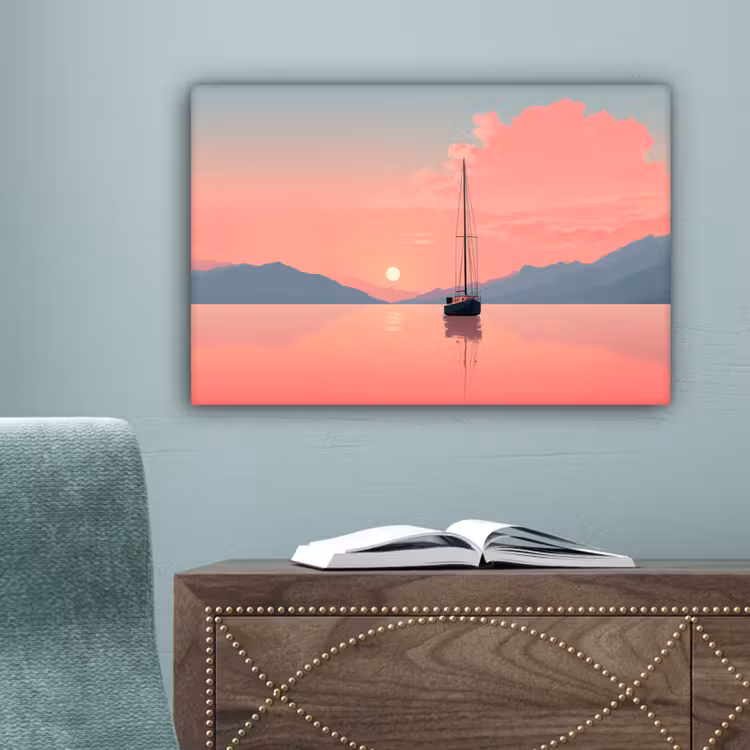 Zeilboot - Roze zee - Zonsondergang - Bergen canvas 2cm klein -sfeer4