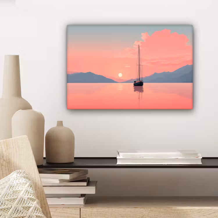 Zeilboot - Roze zee - Zonsondergang - Bergen canvas 2cm klein -sfeer6