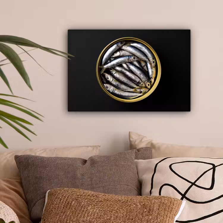 Sardines - Vissen - Rond - Zwart canvas 2cm klein -sfeer1