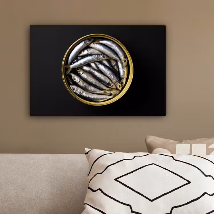 Sardines - Vissen - Rond - Zwart canvas 2cm klein -sfeer3