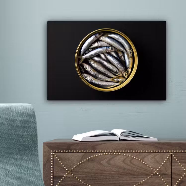 Sardines - Vissen - Rond - Zwart canvas 2cm klein -sfeer4