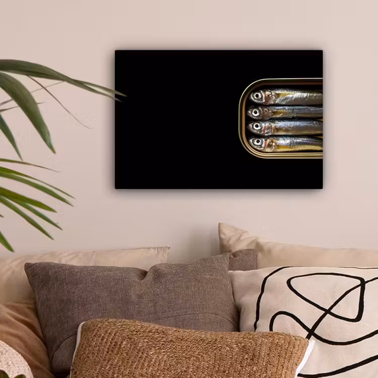Sardines - Blik - Zwart - Vissen canvas 2cm klein -sfeer1