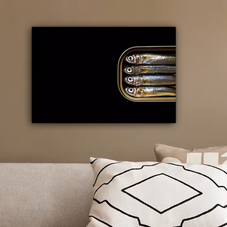 Sardines - Blik - Zwart - Vissen canvas 2cm klein -sfeer3