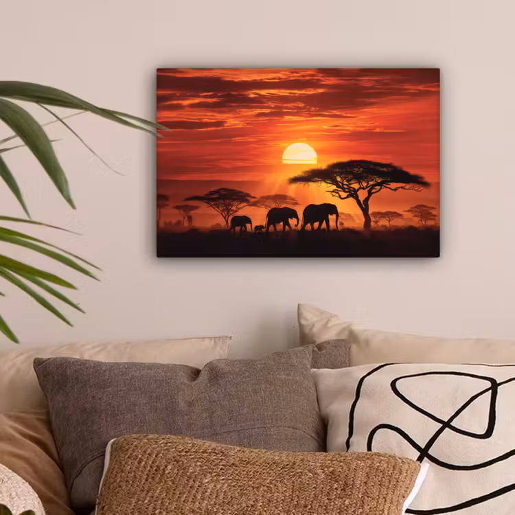 Savanne - Olifanten - Zonsondergang canvas 2cm klein -sfeer1