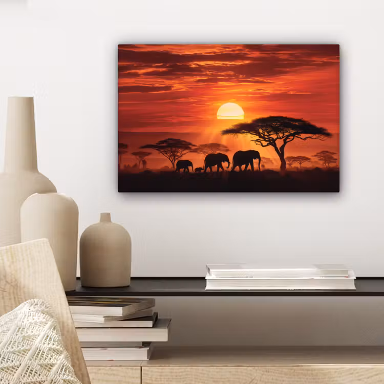Savanne - Olifanten - Zonsondergang canvas 2cm klein -sfeer6