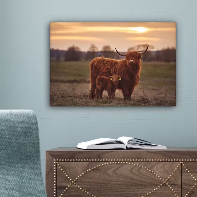 Schotse hooglander - Dieren - Landschap - Zonsondergang - Koe canvas 2cm klein -sfeer4