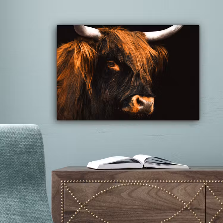 Schotse hooglander - Zwart - Koe - Hoorn - Dieren canvas 2cm klein -sfeer4