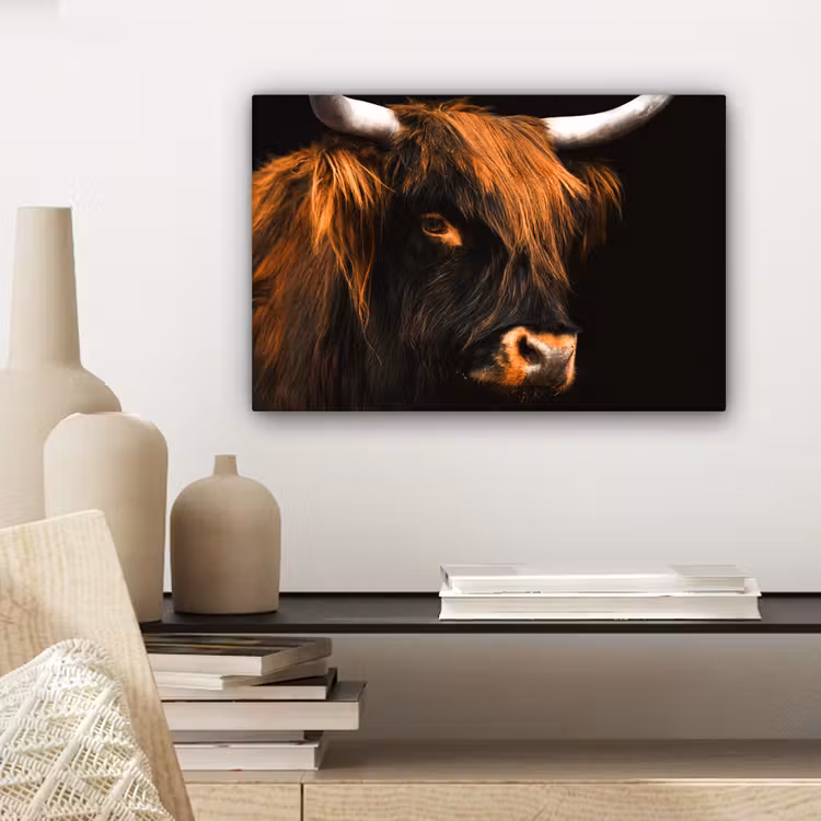 Schotse hooglander - Zwart - Koe - Hoorn - Dieren canvas 2cm klein -sfeer6