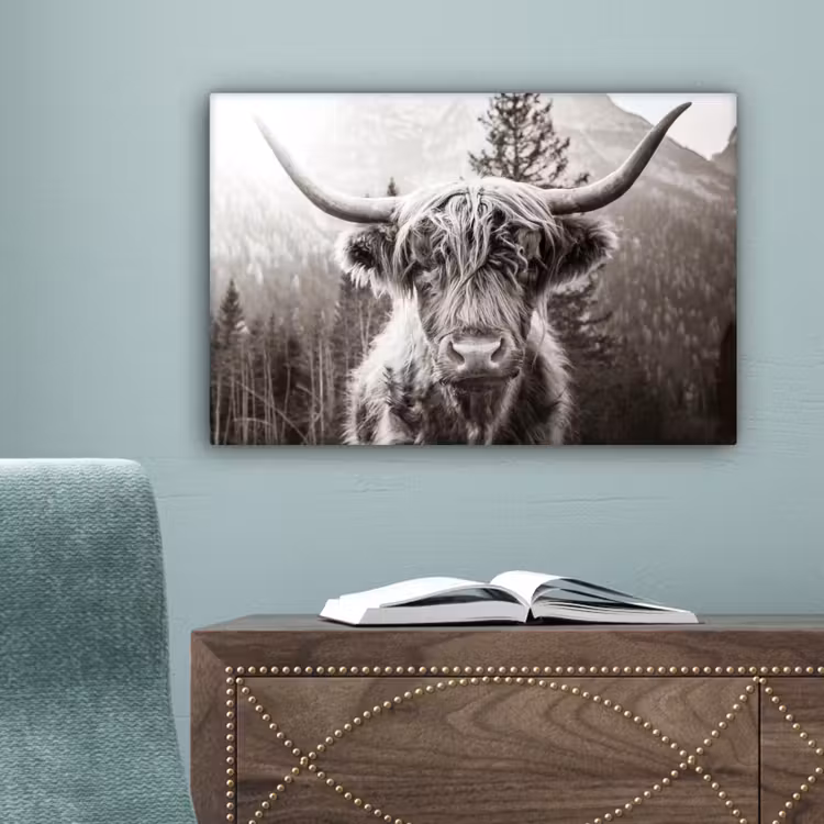 Schotse hooglander - Koe - Dieren - Zwart - Wit canvas 2cm klein -sfeer4
