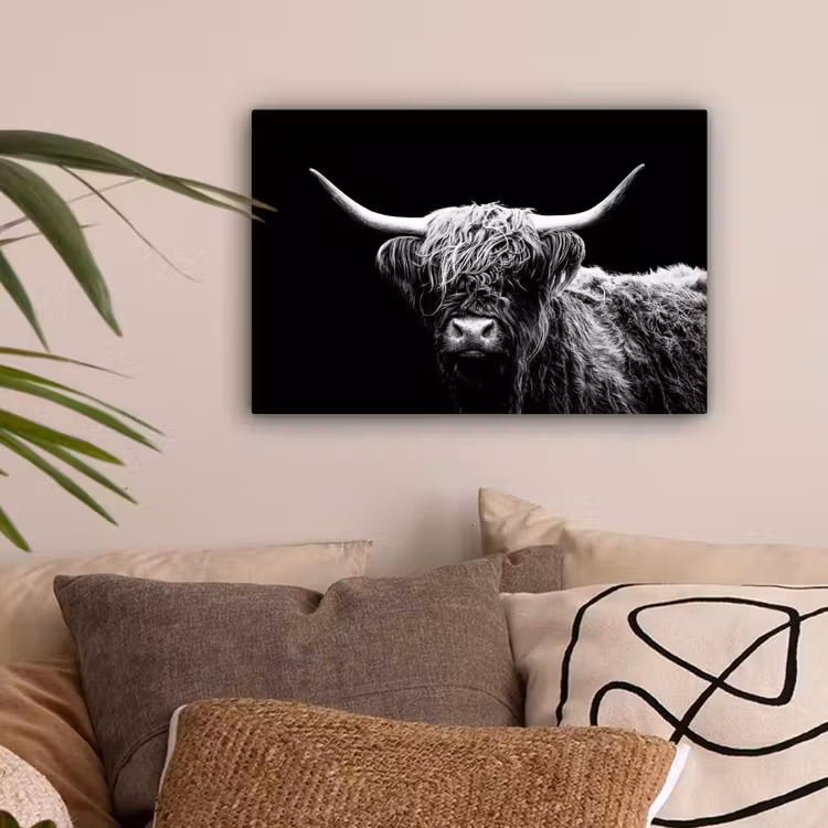 Schotse Hooglander - Koe - Zwart - Wit - Dieren canvas 2cm klein -sfeer1