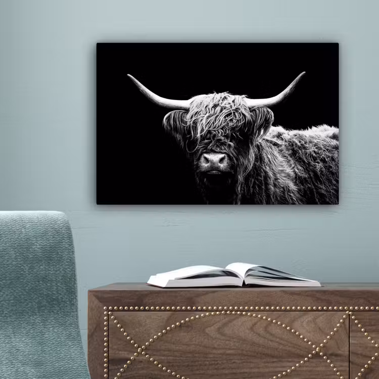 Schotse Hooglander - Koe - Zwart - Wit - Dieren canvas 2cm klein -sfeer4