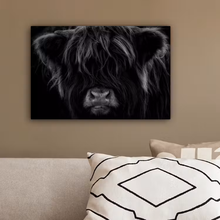 Schotse hooglander - Koe - Zwart - Wit - Dieren canvas 2cm klein -sfeer3