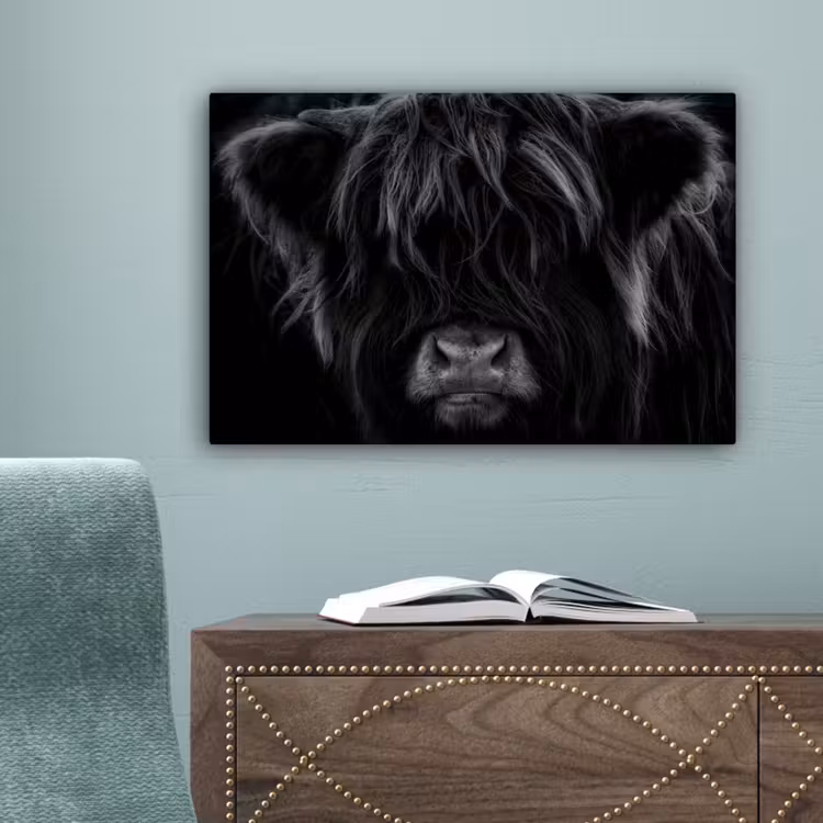 Schotse hooglander - Koe - Zwart - Wit - Dieren canvas 2cm klein -sfeer4