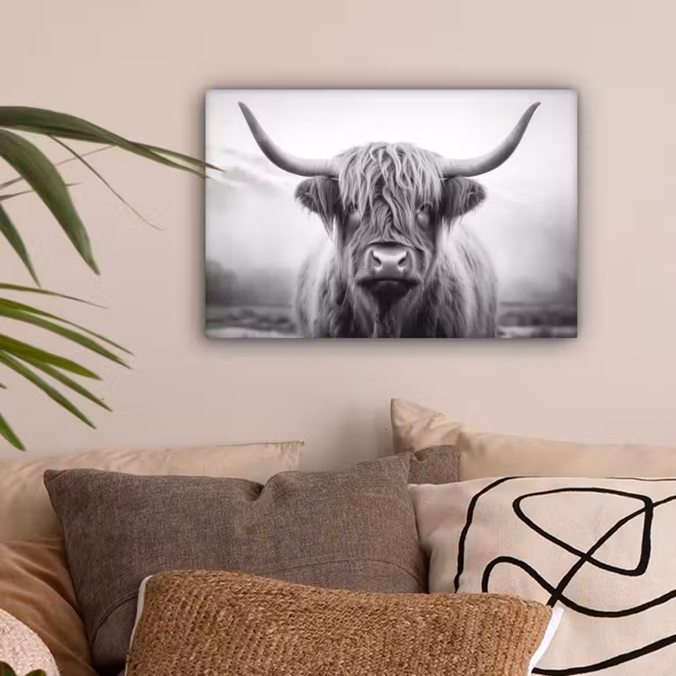 Schotse hooglander - Mist - Zwart - Wit canvas 2cm klein -sfeer1