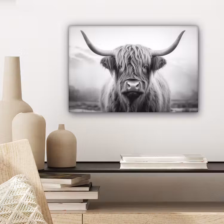 Schotse hooglander - Mist - Zwart - Wit canvas 2cm klein -sfeer6