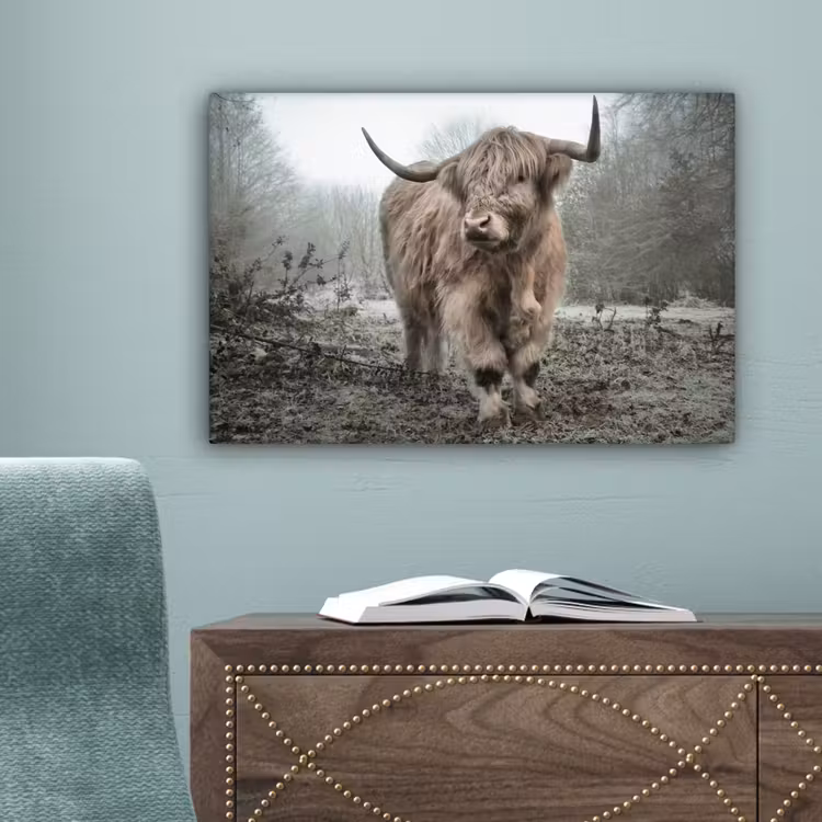 Schotse Hooglander - Bos - Mist - Koe - Dieren - Natuur canvas 2cm klein -sfeer4