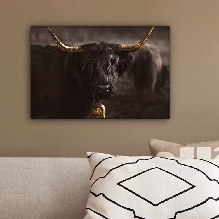 Schotse hooglander - Goud - Koebel - Hoorns - Dieren canvas 2cm klein -sfeer3